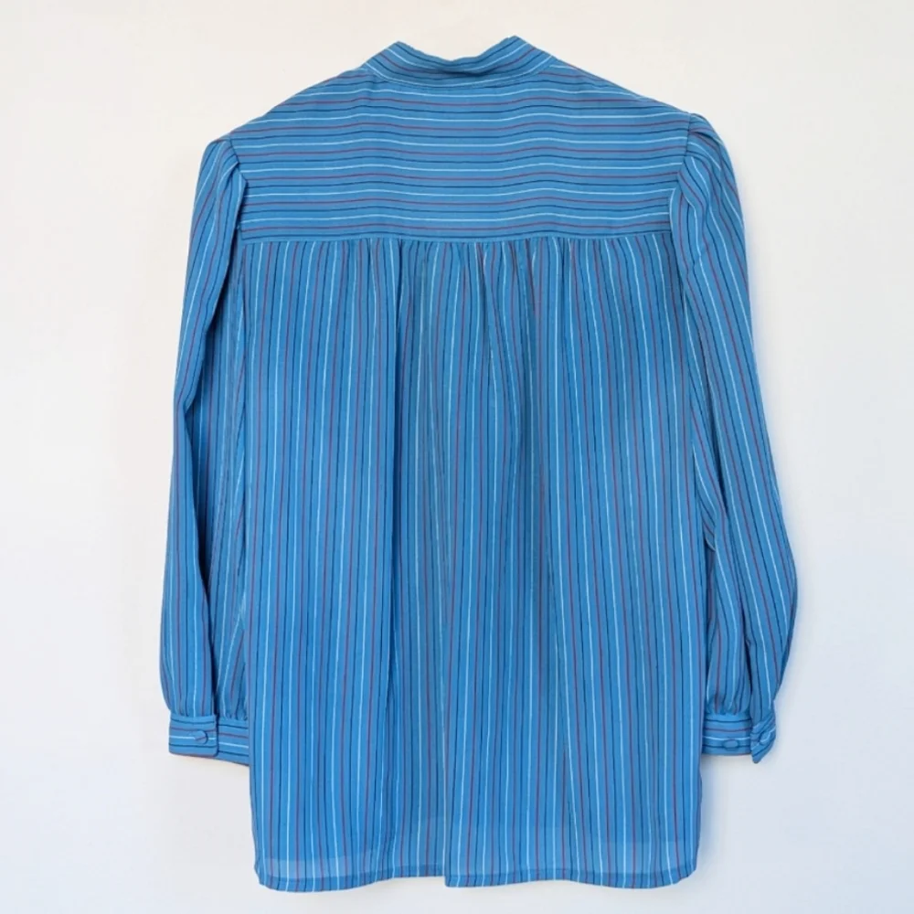 Vintage Secretary Style Stripe Set: Button Down Top Neck Bow A-line Skirt
